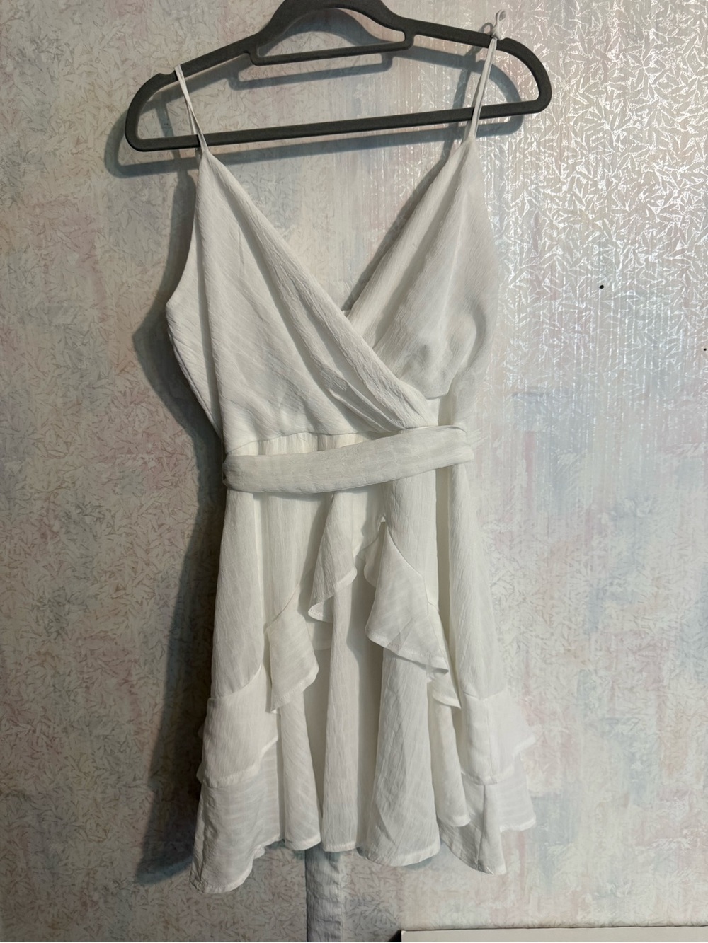 Blue Rain White Wrap-Front Mini Dress with Ruffle Hem, Summertime, Lightweight M
